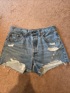 Levi 501 Classic High-Rise Distressed Denim Shorts - Blue